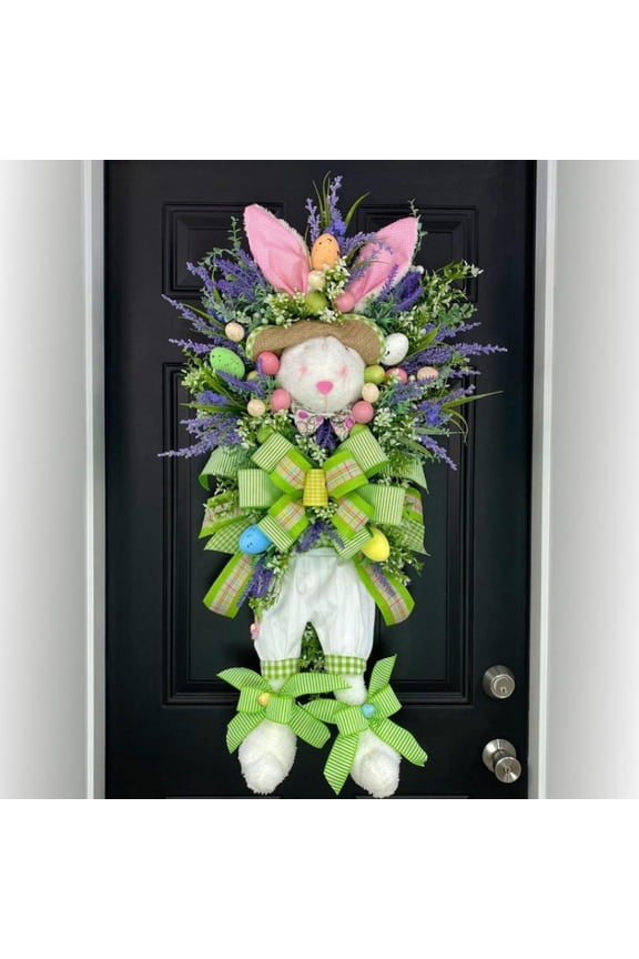 Easter Wreath, Stuffed Bunny Easter Front Door Wreath,24 Inch Artificial Flowers and Leaves Easter Outdoor Decorations