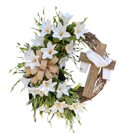 Easter Wreath With Cross Garland Artificial Lily Foliage Spring Door Decor For Religious Festive Home 13.8 Inch