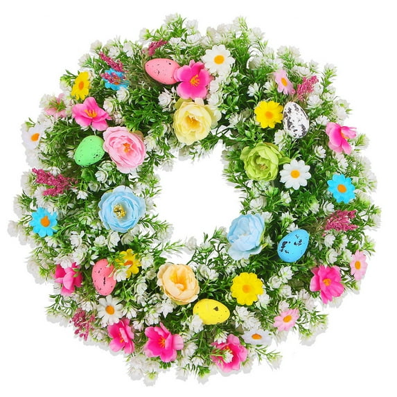 Easter Wreath for Front Door, Artificial Colorful Flower & Egg Garland, Spring Welcome Sign for Wall, Window, Party and Home Decor