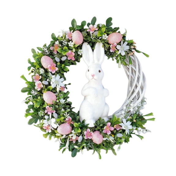 Easter Wreath for Front Door, Artificial Spring Wreath with Flowers and Pastel Egg, Rabbit Door Wreaths for Home Indoor Outdoor Decorations (Pink)
