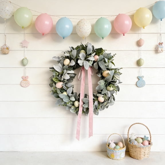Easter Wreath for Front Door – Green Plastic Spring Wreath, 16 Inch Round Wall and Window Hanging Decoration for Home, Shop, and Party