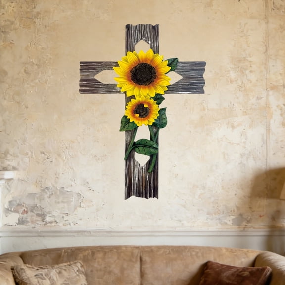 Easter Wreath for Front Door Rustic Wood Cross Decoration with Yellow Sunflower Blooms/Wing/Heart, Outdoor Wall Garden Decor