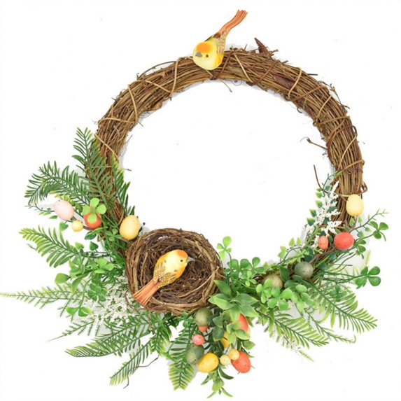 Easter Wreath with Colorful Eggs for Front Door Fake Flower Garland Wall Decor Holiday Decoration Spring Hanging Ornament