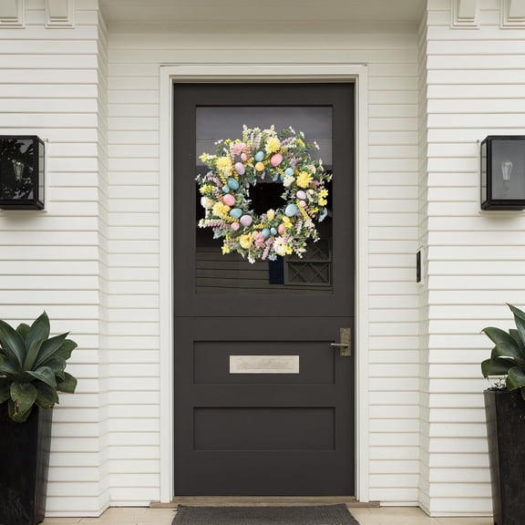 Easter Wreath with Colorful Flowers and Decorative Eggs, Spring Front Door Decoration for Home Party and Holiday Celebrations 20 in