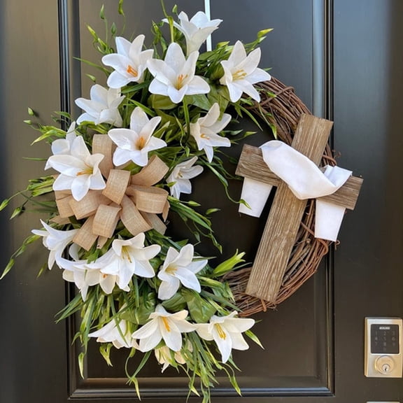 Easter Wreath with Cross 18" Flower Lily & Tulip Bow Silk Scarf Religious Garland Easter Front Door Hanging Decoration