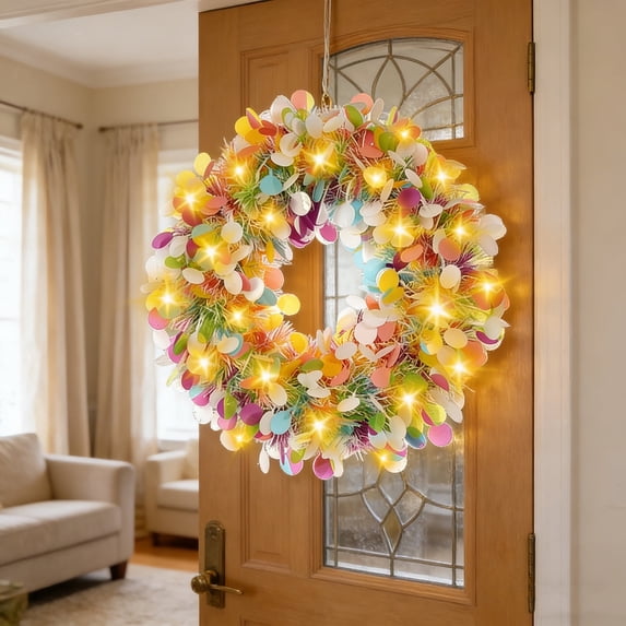 Easter Wreath with Lights 40cm - Colorful Artificial Spring Wreath Decorations (Light)