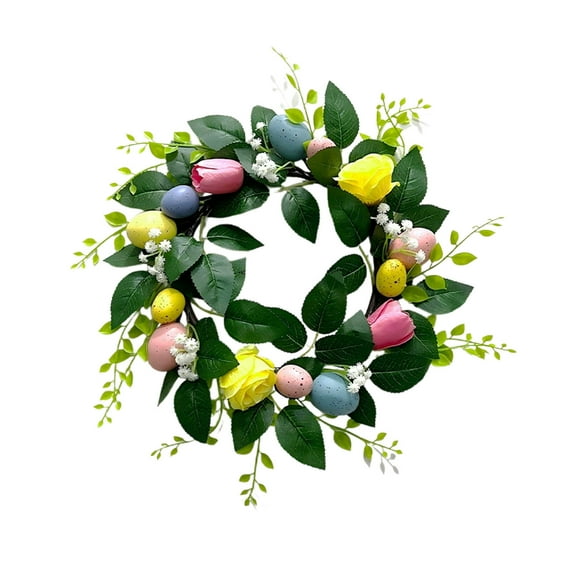 Easter Wreath with Tulips Roses Eggs Door Hanging Colorful Faux Floral Wreath for Holiday 40x40cm