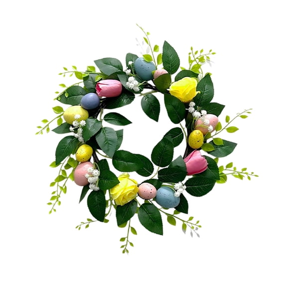 Easter Wreath with Tulips Roses Eggs Door Hanging Colorful Faux Floral Wreath for Holiday 40x40cm