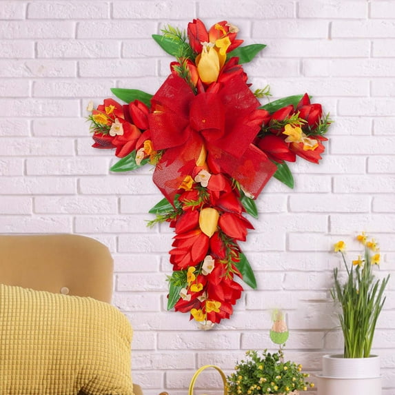 Easter Wreaths for Front Door 17.71inch Religious Hanger Cross Wreath Handmade Spring Easter Tulips Wreath with Burlap Bow Door Hanging Sign For Home Porch Wall Spring Easter Decor