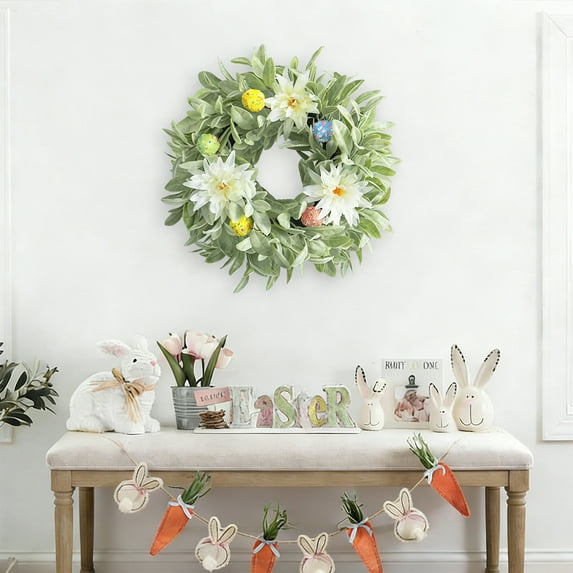 Easter Wreaths for Front Door,17.72inch Spring Summer Artificial Greenery Wreath with Pastel Egg & Magnolia for Indoor Outdoor Farmhouse Home Wall Window Table Porch Door Festival Decor
