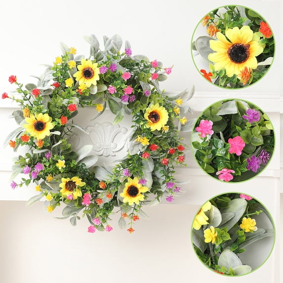 Easter Wreaths for Front Door,17.7inch Spring Summer Artificial Greenery Wreath with Pastel Egg & Sunflower for Indoor Outdoor Farmhouse Home Wall Window Table Porch Door Festival Decor