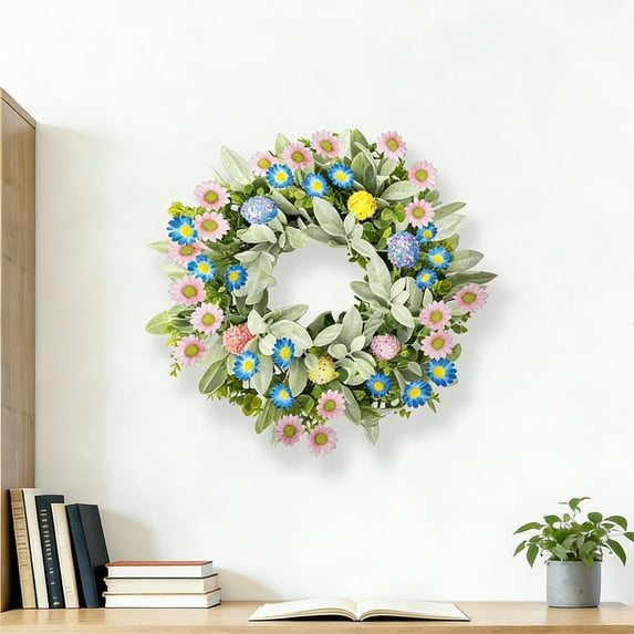 Easter Wreaths for Front Door,19.68inch Spring Summer Artificial Greenery Wreath with Pastel Egg,Pink and Blue Daisy Flowers for Indoor Outdoor Farmhouse Home Wall Window Porch Door Decor