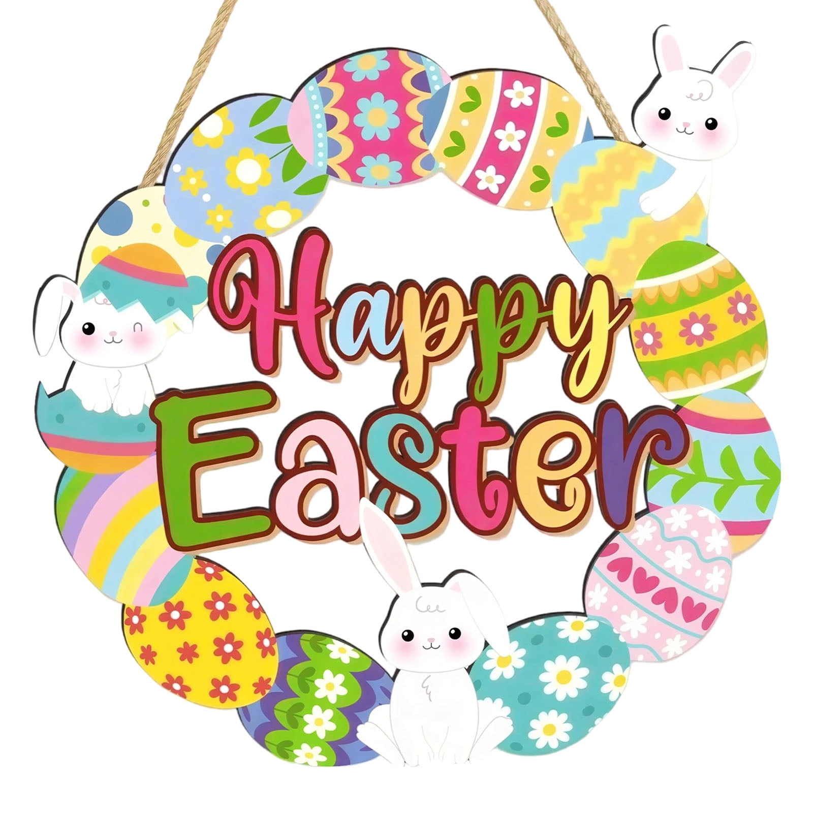 Easter Wreaths for Front Door,Colorful Eggs Happy Bunny Easter Welcome ...