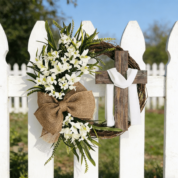 Easter Wreaths for Front Door,Easter Wreath with Cross Large Christian Wooden Floral Decor Jesus Lily Hanging Sign for Spring Religious Farmhouse Porch Holiday Wall Decor,Easter Decorations,20 In