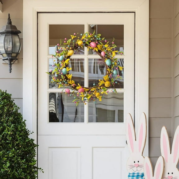 Easter Wreaths for Front Door, 18Inch Easter Egg Wreath With Colorful Eggs Artificial Wreath For Front Door Wall Easter Decoration(G)