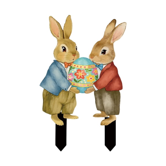 Easter Yard Decorations, Easter Bunny Yard Signs, Vintage Easter Bunny Stake with Eggs & Dwarfs, 10in PVC Ground Insert Ornament for Outdoor Courtyard, Flower Bed Festive Decor