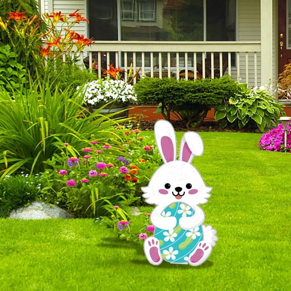 Easter Yard Signs Easter Bunny Outdoor Sign With Stakes Bunny Egg Garden Sign Plastic Rabbit Lawn Decorations For Outdoors Garden Yard Hunt Game Props