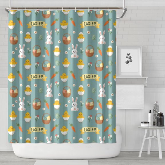 Easter and Banners Slate Blue Pattern Shower Curtain 84"x72", Waterproof Washable Bathroom Decor Set with 12 Hooks