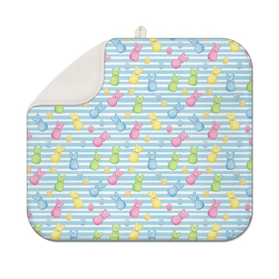 Easter and Bunnies Blue Stripe Pattern Dish Drying Mat 1 Pack, Ultra Absorbent Microfiber 16"x18", Anti-Slip Drain Mat for Kitchen