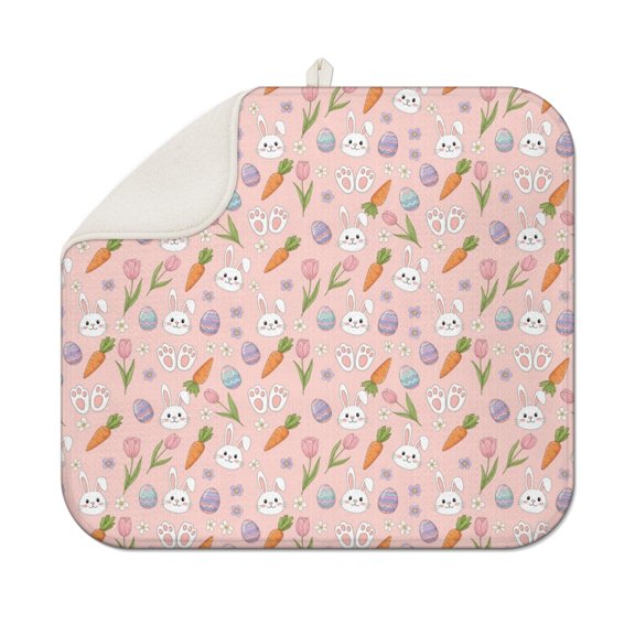 Easter and Bunny Paws Pink Pattern Dish Drying Mat 1 Pack, Ultra Absorbent Microfiber 16"x18", Anti-Slip Drain Mat for Kitchen