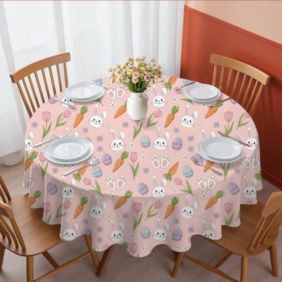 Easter and Bunny Paws Pink Pattern Round Tablecloth 60", Wrinkle-Resistant Wipeable Cover for Kitchen, Dining, Picnic & Patio