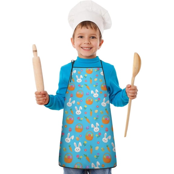 Easter and Carrots Bright Blue Pattern Youth Aprons, Adjustable Neck Strap Aprons for Teens' Cooking & Baking