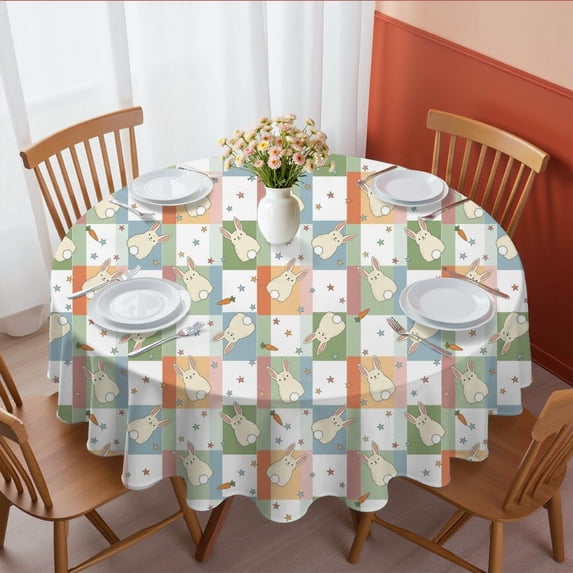 Easter and Checkered Squares Multicolor Pattern Round Tablecloth 60", Wrinkle-Resistant Wipeable Cover for Kitchen, Dining, Picnic & Patio