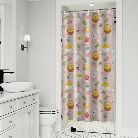 Easter and Chicks Light Pink Pattern Shower Curtain 36"x72", Waterproof Washable Bathroom Decor Set with 12 Hooks