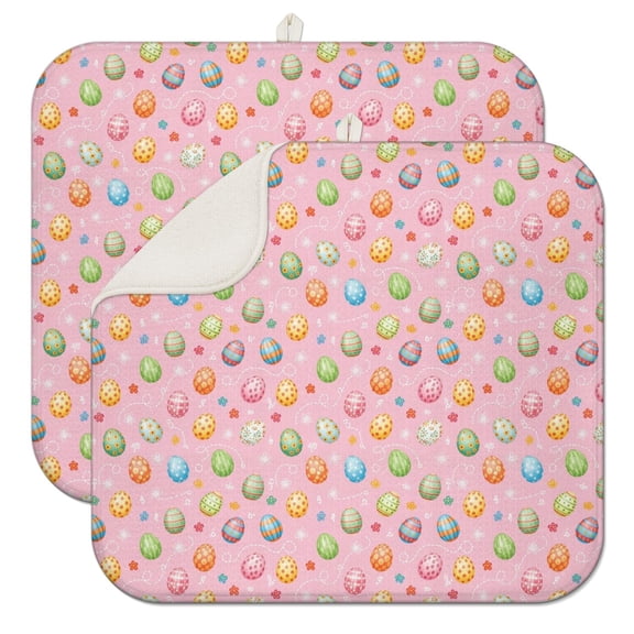 Easter and Decorated Eggs Light Pink Pattern Dish Drying Mat 1 Pack, Ultra Absorbent Microfiber 16"x18", Anti-Slip Drain Mat for Kitchen