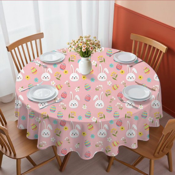 Easter and Easter Eggs Light Pink Pattern Round Tablecloth 60", Wrinkle-Resistant Wipeable Cover for Kitchen, Dining, Picnic & Patio
