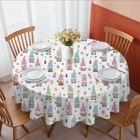 Easter and Gnomes White Pattern Round Tablecloth 60", Wrinkle-Resistant Wipeable Cover for Kitchen, Dining, Picnic & Patio