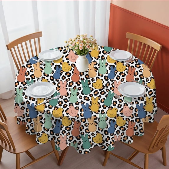 Easter and Leopard White Pattern Round Tablecloth 60", Wrinkle-Resistant Wipeable Cover for Kitchen, Dining, Picnic & Patio