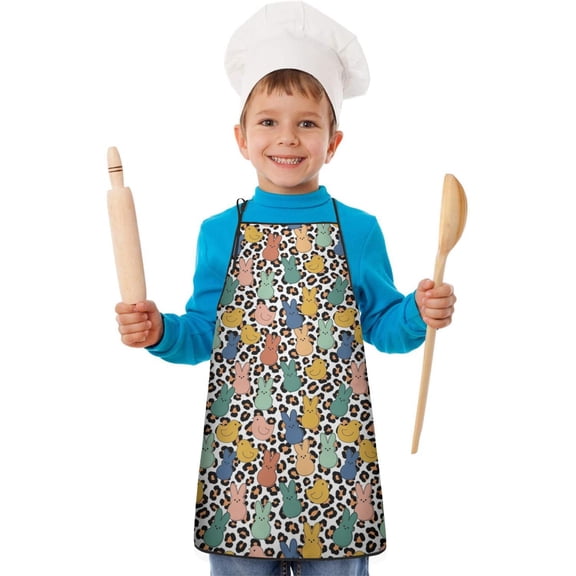 Easter and Leopard White Pattern Youth Aprons, Adjustable Neck Strap Aprons for Teens' Cooking & Baking