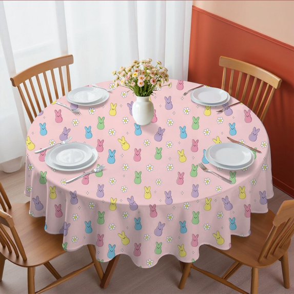 Easter and Mini Bunnies Light Pink Pattern Round Tablecloth 60", Wrinkle-Resistant Wipeable Cover for Kitchen, Dining, Picnic & Patio