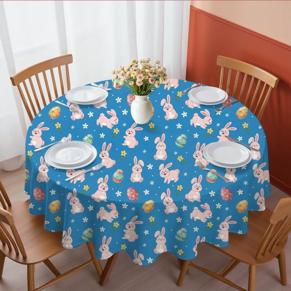 Easter and Pink Bunnies Blue Pattern Round Tablecloth 60", Wrinkle-Resistant Wipeable Cover for Kitchen, Dining, Picnic & Patio