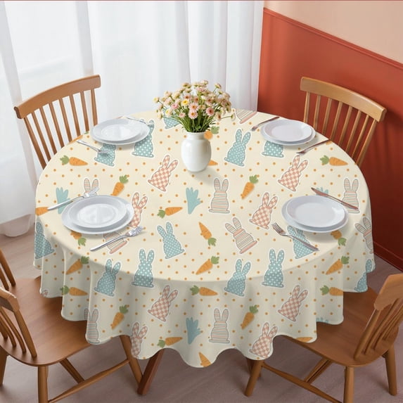 Easter and Polka Dots Cream Pattern Round Tablecloth 60", Wrinkle-Resistant Wipeable Cover for Kitchen, Dining, Picnic & Patio