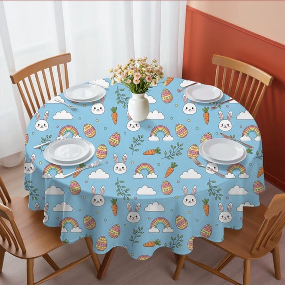 Easter and Rainbows Blue Pattern Round Tablecloth 60", Wrinkle-Resistant Wipeable Cover for Kitchen, Dining, Picnic & Patio