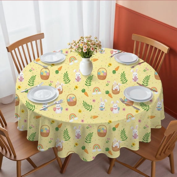 Easter and Rainbows Yellow Pattern Round Tablecloth 60", Wrinkle-Resistant Wipeable Cover for Kitchen, Dining, Picnic & Patio