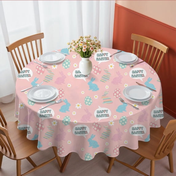 Easter and Speech Bubbles Pink Pattern Round Tablecloth 60", Wrinkle-Resistant Wipeable Cover for Kitchen, Dining, Picnic & Patio