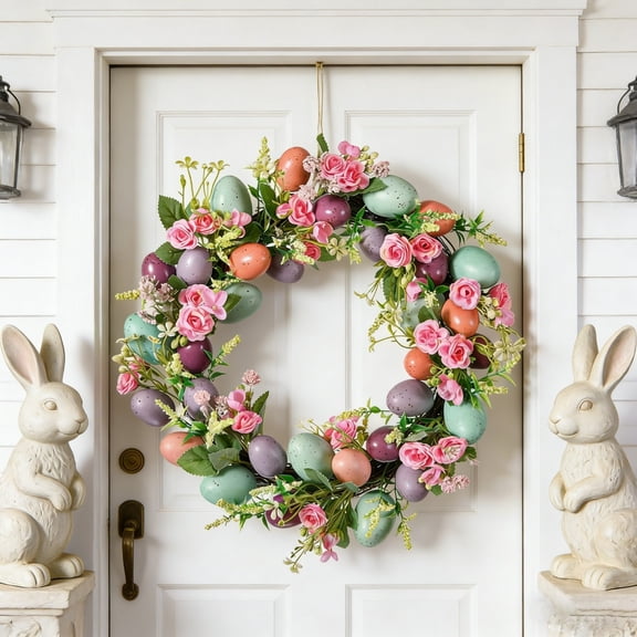 Easter and Spring Front Door Wreath with Artificial Flowers and Eggs, Floral Hanging Decoration for Home and Garden Decor