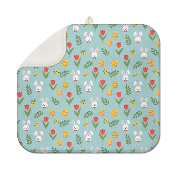 Easter and Tulips Light Blue Pattern Dish Drying Mat 1 Pack, Ultra Absorbent Microfiber 16"x18", Anti-Slip Drain Mat for Kitchen