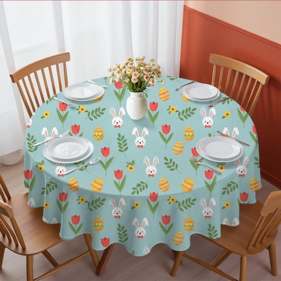 Easter and Tulips Light Blue Pattern Round Tablecloth 60", Wrinkle-Resistant Wipeable Cover for Kitchen, Dining, Picnic & Patio