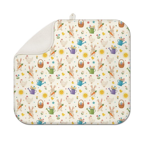 Easter and Watering Cans Cream Pattern Dish Drying Mat 1 Pack, Ultra Absorbent Microfiber 16"x18", Anti-Slip Drain Mat for Kitchen