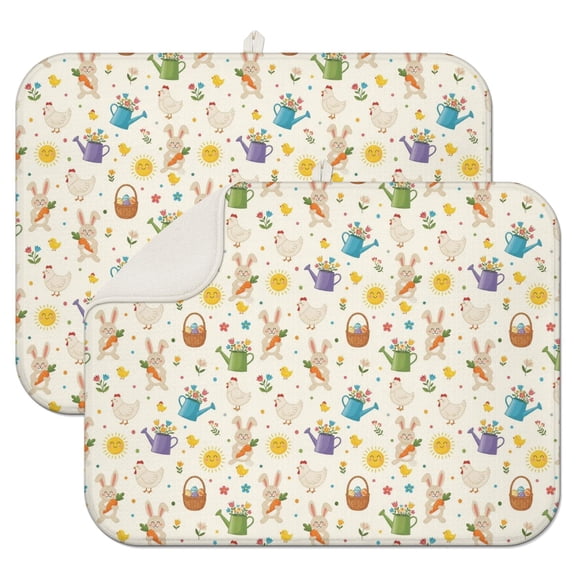 Easter and Watering Cans Cream Pattern Dish Drying Mat 1 Pack, Ultra Absorbent Microfiber 18"x24", Anti-Slip Drain Mat for Kitchen