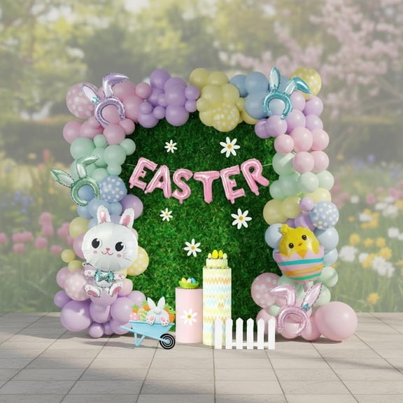 Easter balloon garland kit with Easter egg chicken daisy bunny head hoop Pastel pink letter foil balloons for spring resurrection day party decorations