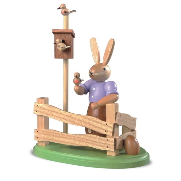 Easter bunny, female, at garden fence, height 14 cm / 6 inch, coloured, original Erzgebirge by Mller Seiffen