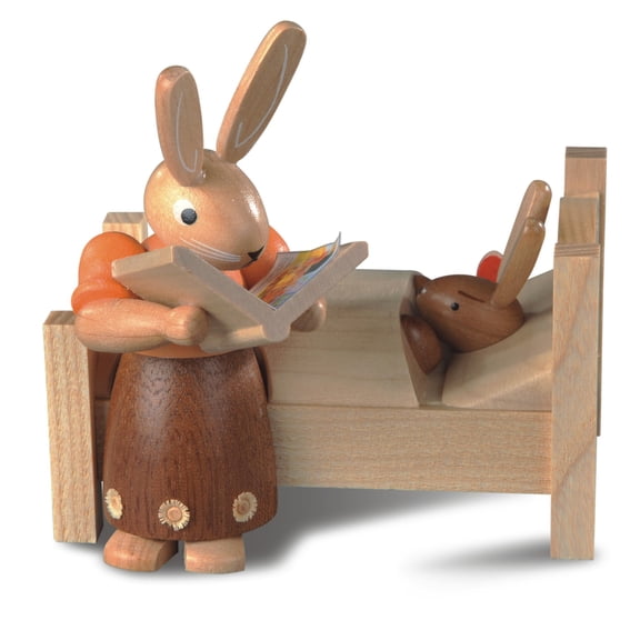 Easter bunny, female, mother tells Good-night-stories, height 10 cm / 4 inch, coloured, original Erzgebirge by Mller Seiffen