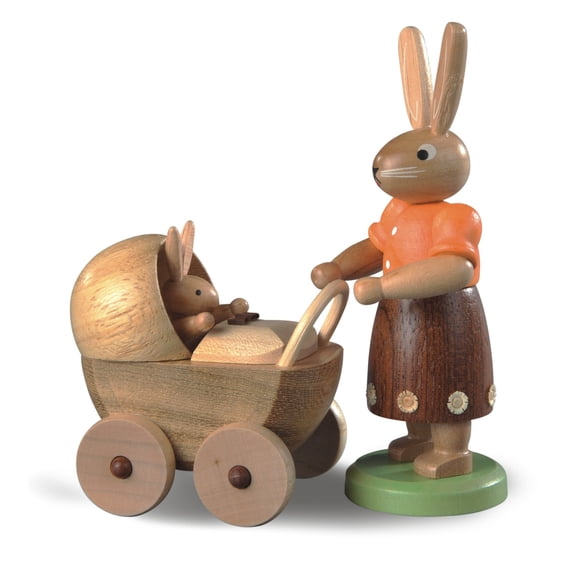 Easter bunny, female, mother with buggy, height 11 cm / 4 inch, coloured, original Erzgebirge by Mller Seiffen