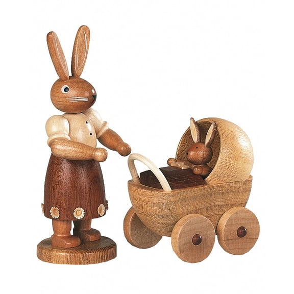 Easter bunny, female, mother with buggy, height 11 cm / 4 inch, original Erzgebirge by Mller Seiffen