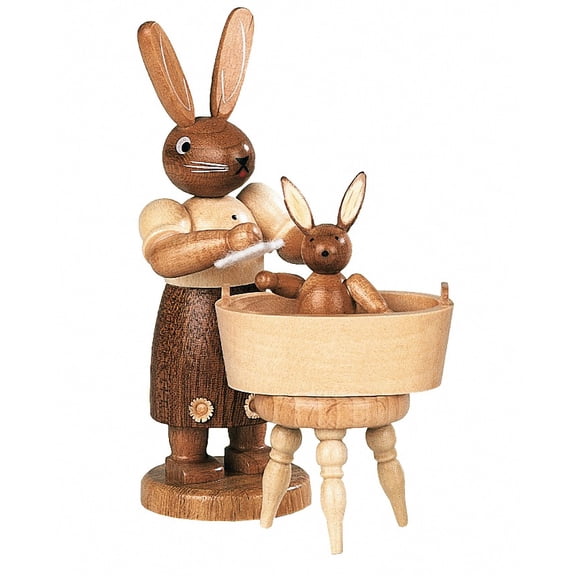 Easter bunny, female,mother with little child have a bath, height 11 cm / 4 inch, original Erzgebirge by Mller Seiffen